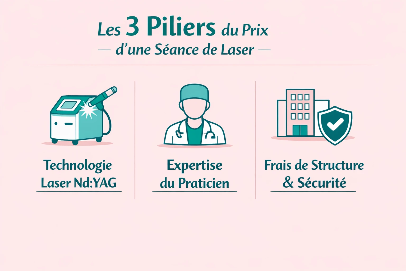 Infographie rose et turquoise intitulée « Les 3 Piliers du Prix d’une Séance de Laser ». Trois illustrations présentent un appareil laser Nd:YAG, un praticien en tenue médicale et un établissement accompagné d’un bouclier, avec les mentions « Technologie Laser Nd:YAG », « Expertise du Praticien » et « Frais de Structure & Sécurité ».