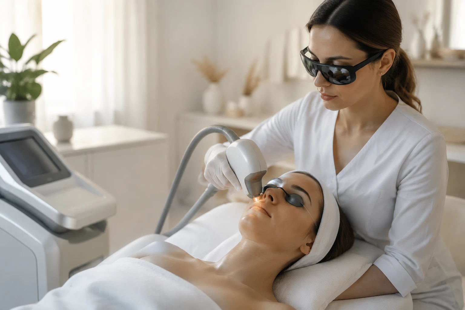 Une praticienne équipée de lunettes de protection applique un dispositif lumineux sur la lèvre supérieure d’une femme allongée, elle aussi munie de protections oculaires, dans une cabine esthétique claire.