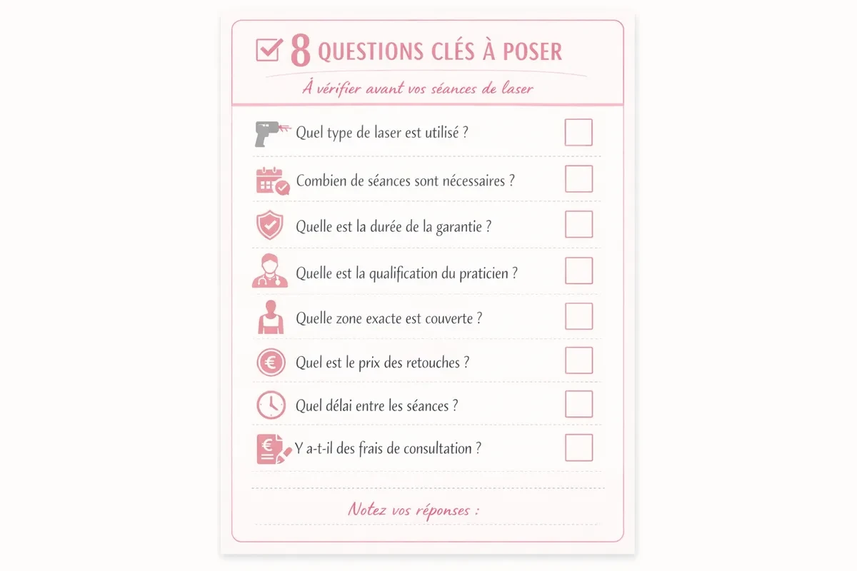 Checklist rose intitulée « 8 questions clés à poser », à vérifier avant des séances de laser. Elle invite notamment à demander le type de laser, le nombre et l’intervalle des séances, la qualification du praticien, la zone couverte ainsi que les frais.
