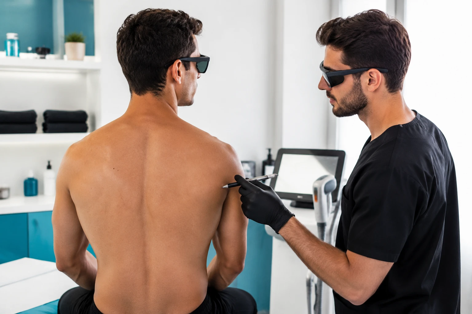Dans une salle de soins lumineuse, un homme torse nu est assis dos à l’objectif tandis qu’un professionnel portant une tenue noire, des gants et des lunettes de protection tient un instrument près de son épaule. Un écran et un appareil sont visibles à l’arrière-plan.