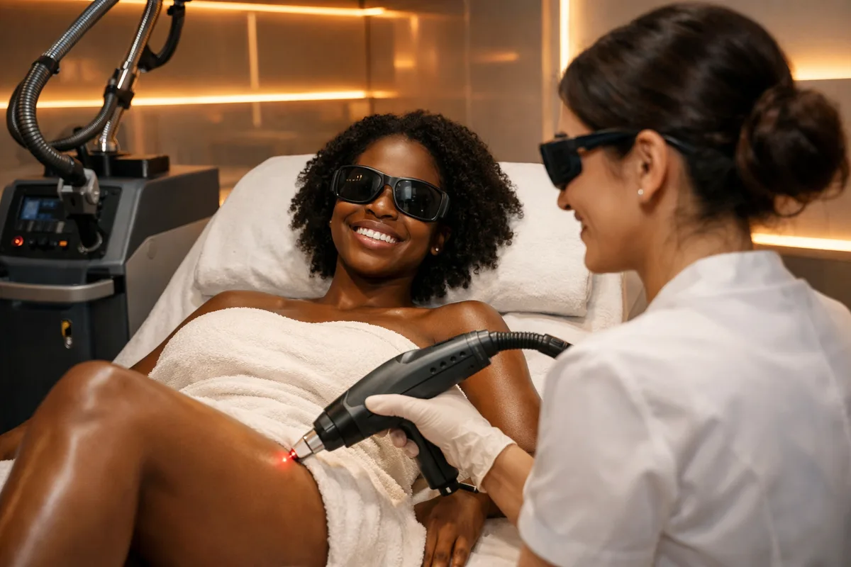Une femme souriante portant une serviette blanche et des lunettes de protection reçoit un soin d'épilation au laser sur la jambe par une professionnelle.