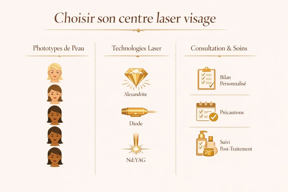 Une infographie élégante en français expliquant comment choisir son centre laser pour le visage, structurée en trois sections : phototypes, technologies et parcours de soins.