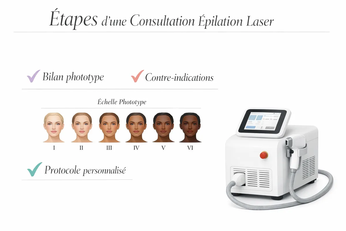 Infographie présentant les étapes d'une consultation d'épilation laser avec une échelle de phototypes illustrée et une machine de soin. Les visages représentés ont une expression neutre et regardent vers l'avant.
