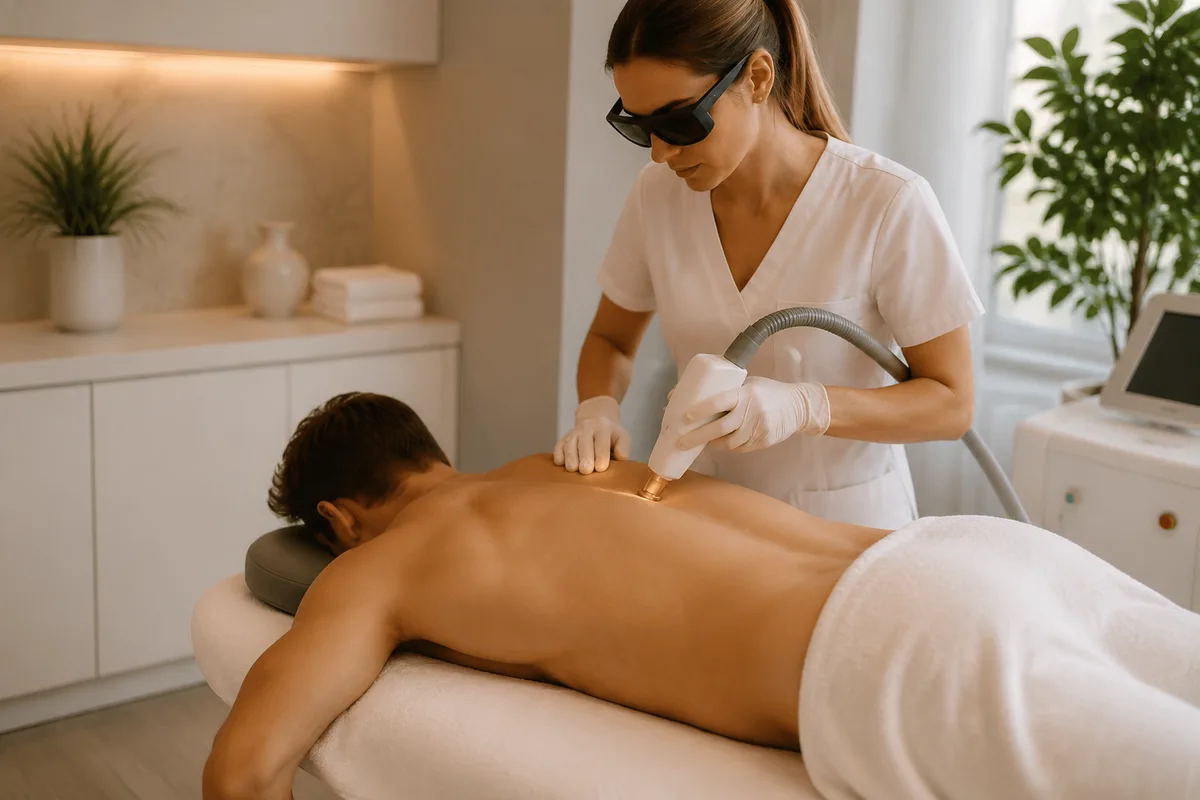 Une praticienne concentrée effectue une séance d'épilation au laser sur le dos d'un homme, elle porte une blouse blanche et des lunettes de protection.