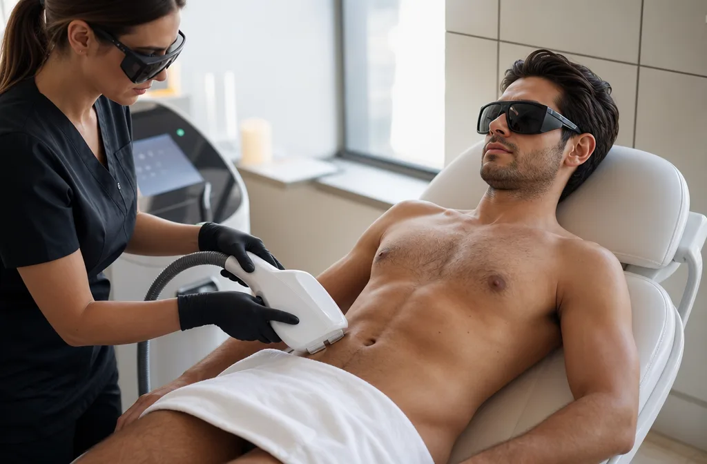 Un homme portant des lunettes de protection reçoit un soin d'épilation au laser sur l'abdomen pratiqué par une esthéticienne en blouse noire.