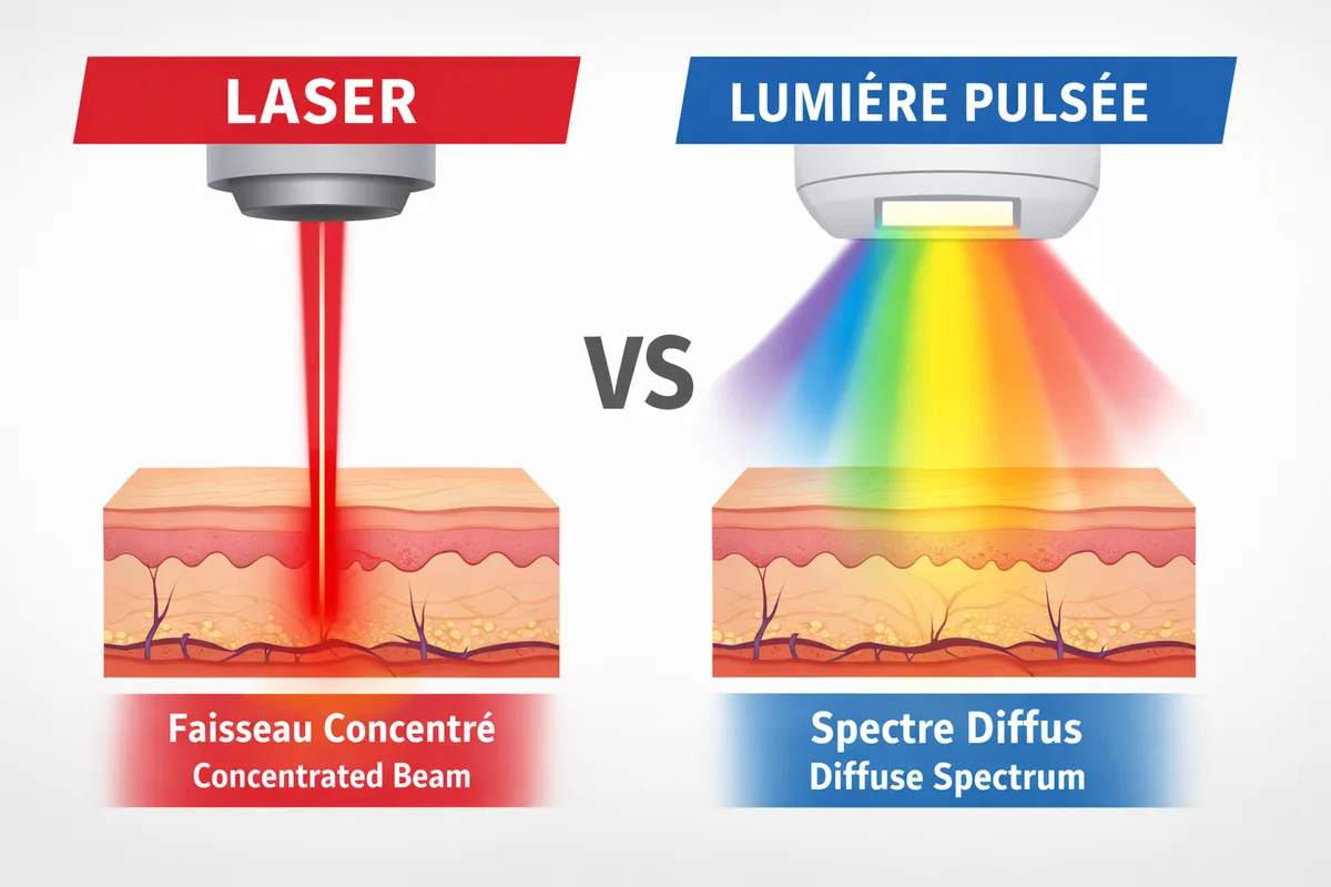 Schéma comparatif entre l'épilation au laser et à la lumière pulsée montrant la différence de pénétration et de diffusion de la lumière dans la peau.