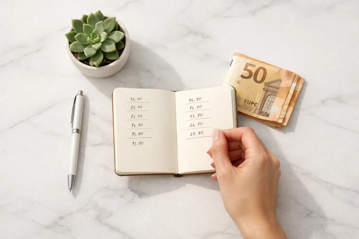 Un carnet de budget à côté de billets. Les chiffres illustrés ne représentent ni des tarifs ni un remboursement.