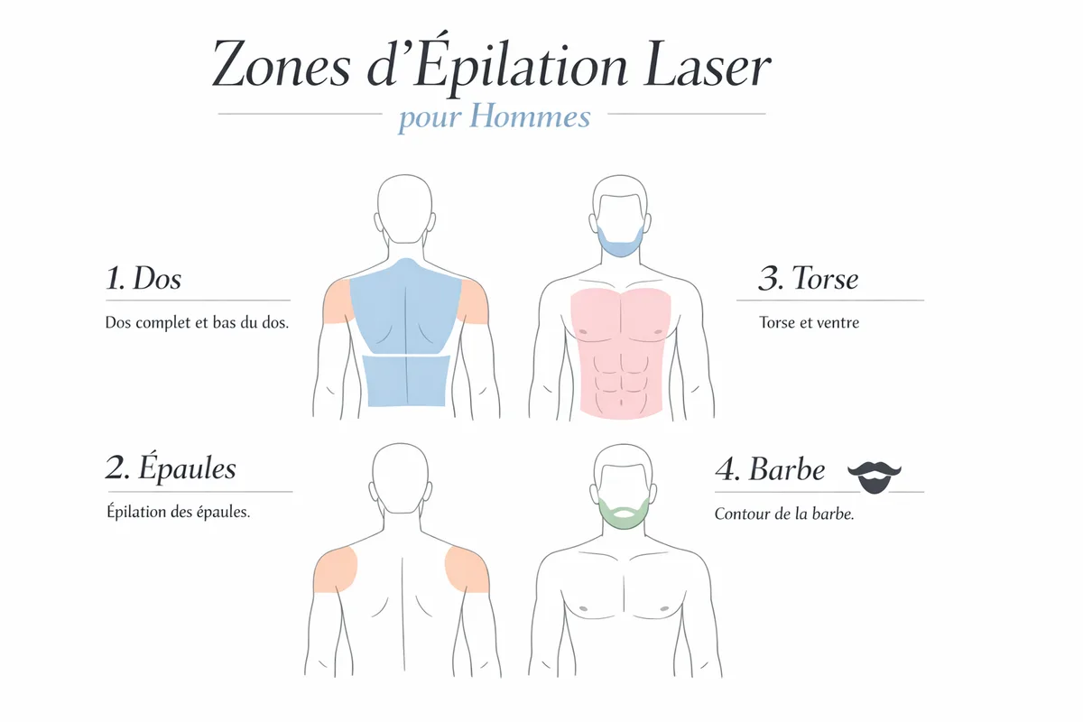 Schéma des zones dos, épaules, torse et barbe, sans indication de tarif.
